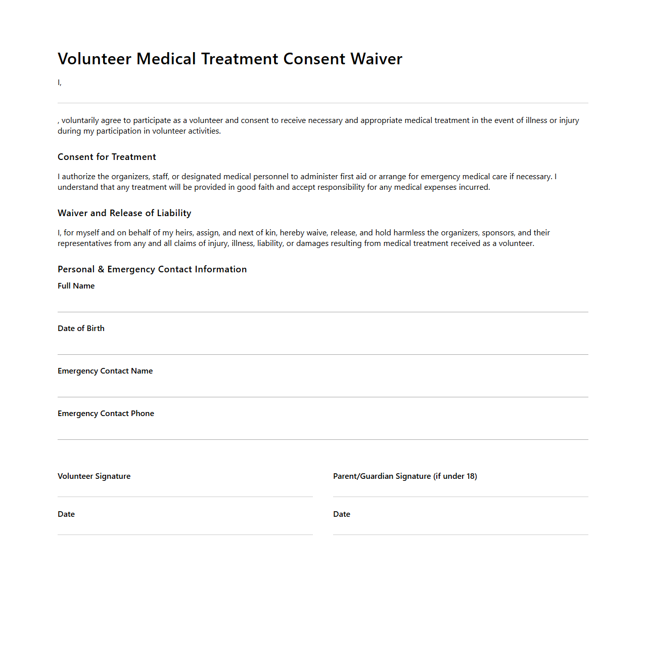 Blank Volunteer Medical Treatment Consent Waiver