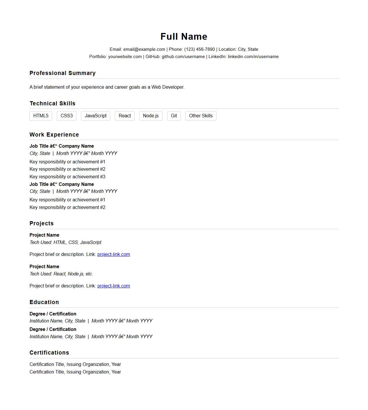 Blank Web Developer Resume Template
