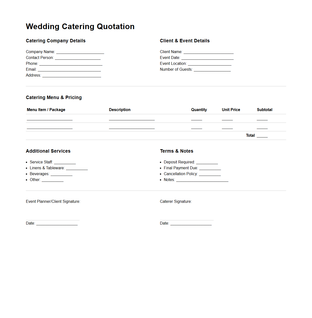 Blank Wedding Catering Quotation Template for Event Planners
