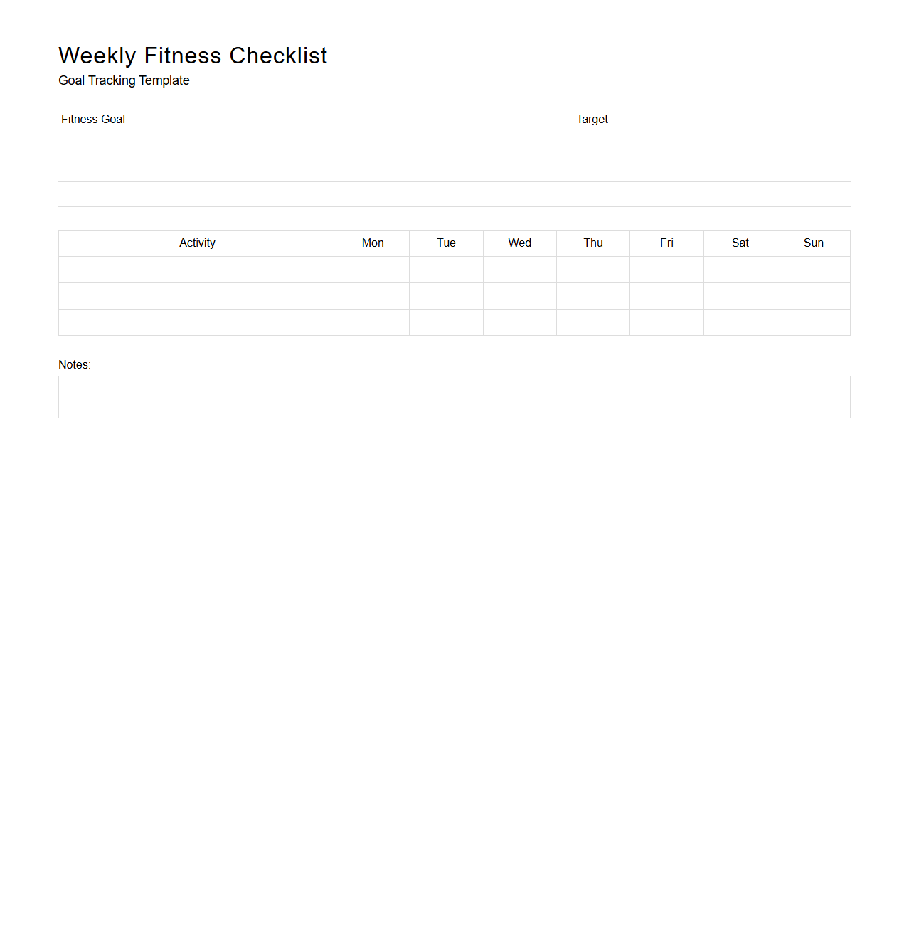 Blank Weekly Fitness Checklist Template for Goal Tracking