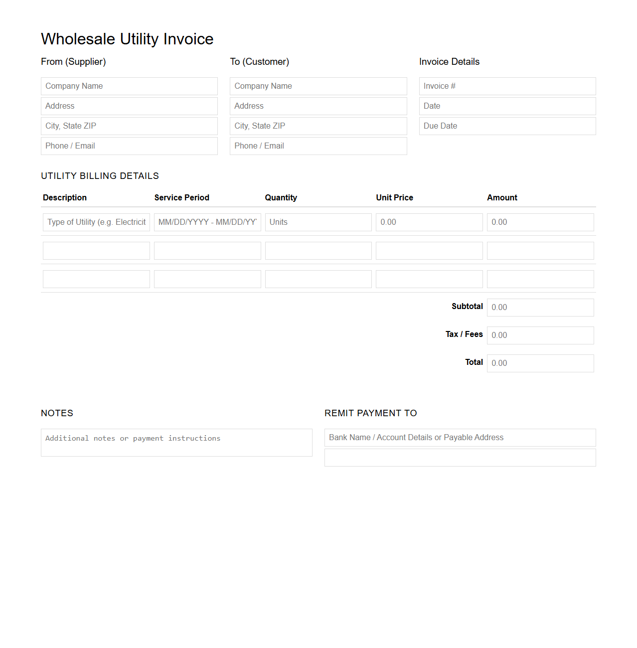 Blank Wholesale Utility Invoice Template