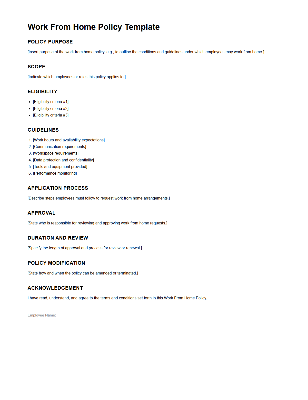Blank Work From Home Policy Template