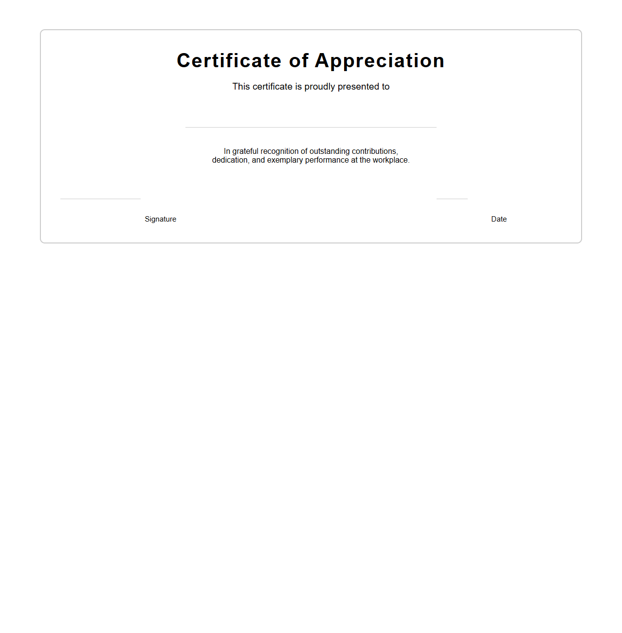Blank Workplace Appreciation Certificate Layout