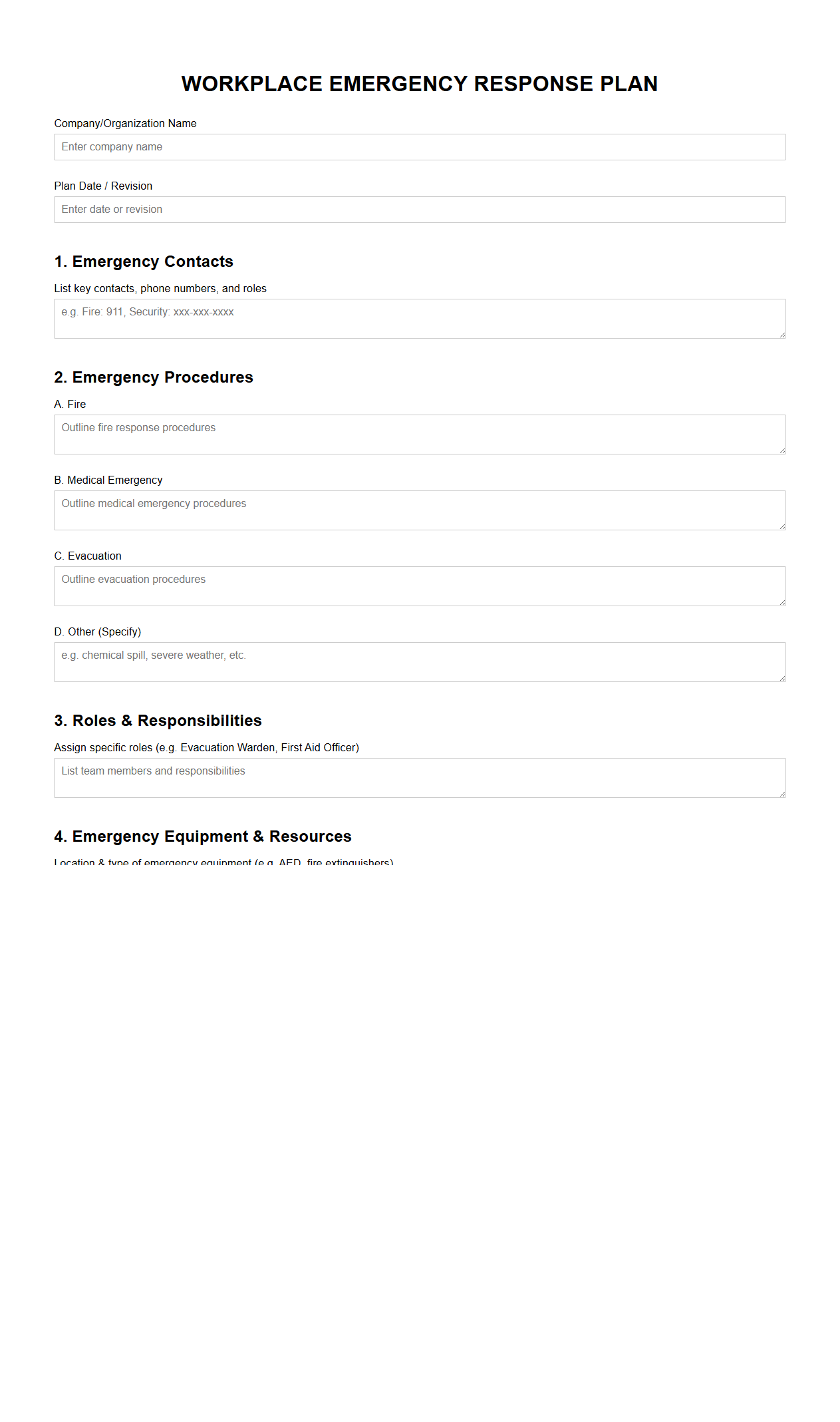 Blank Workplace Emergency Response Plan Template