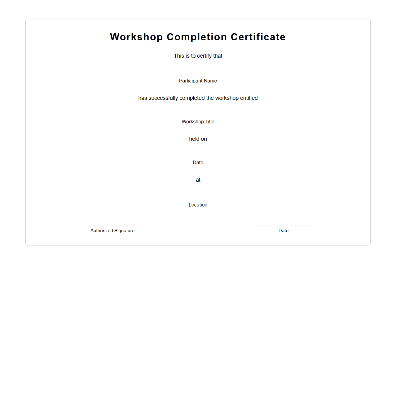 Blank Workshop Completion Certificate Template