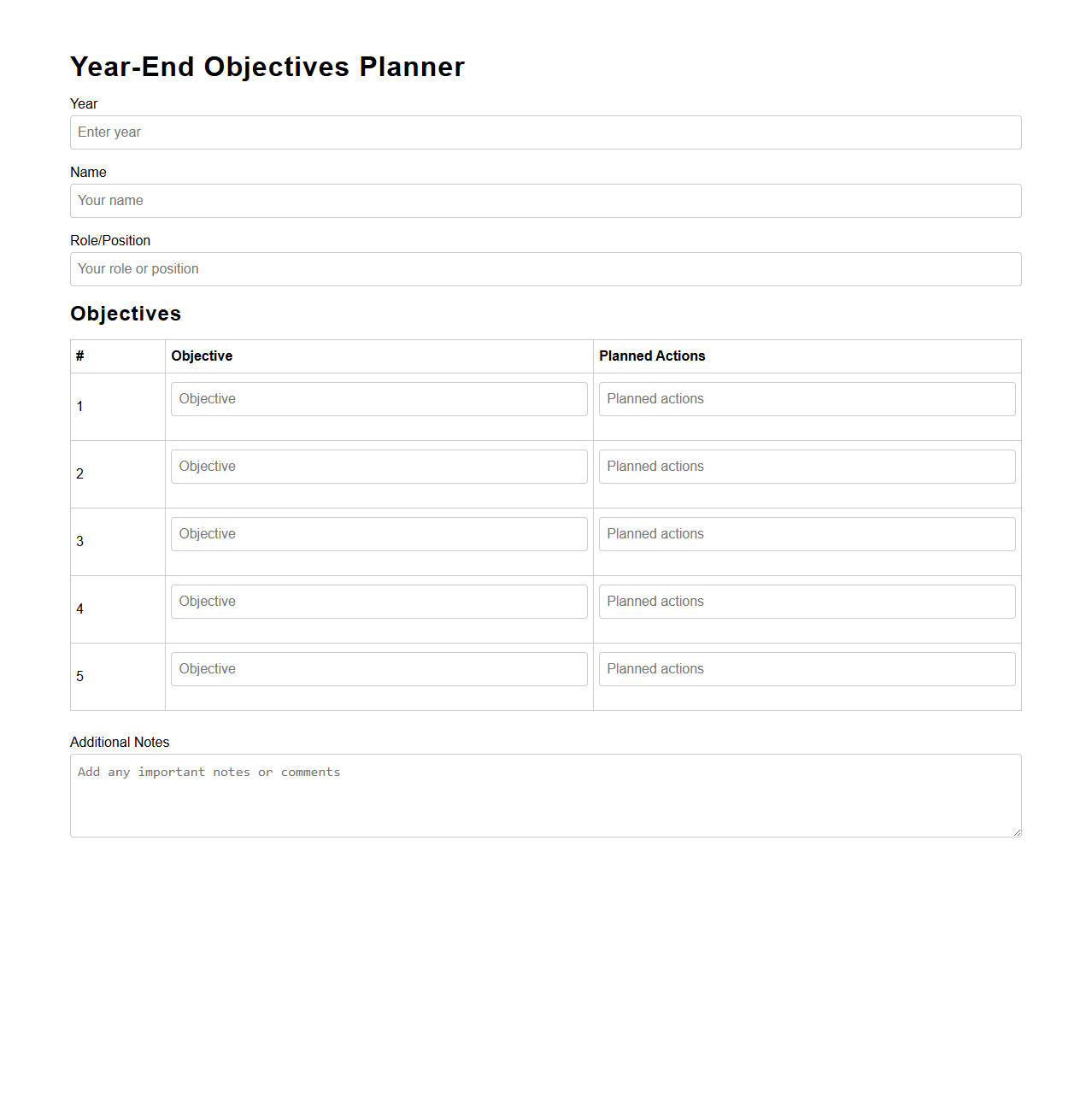 Blank Year-End Objectives Planner