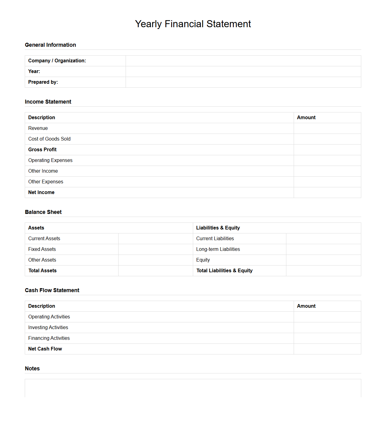 Blank Yearly Financial Statement Template