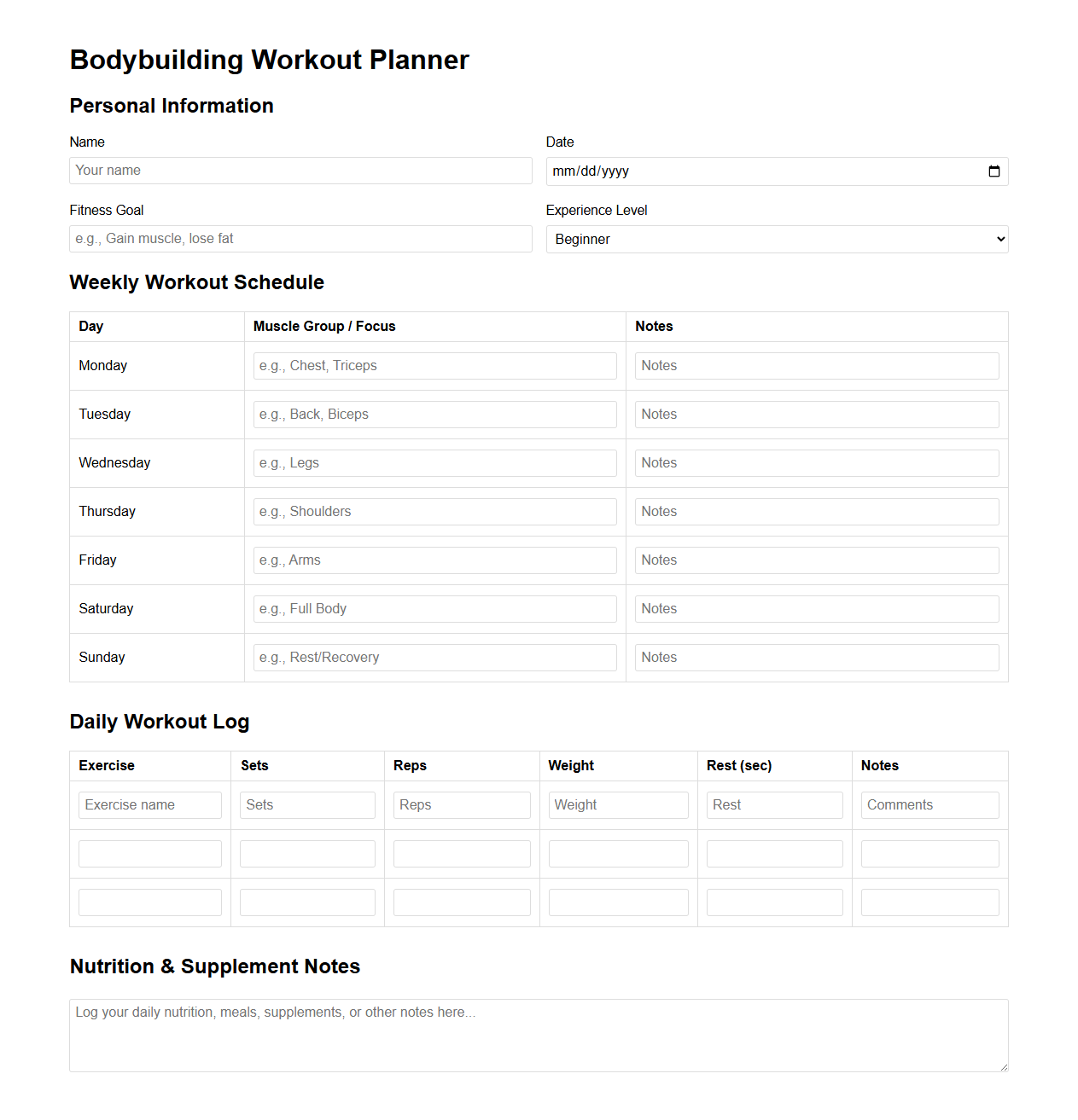 Bodybuilding Workout Planner Template