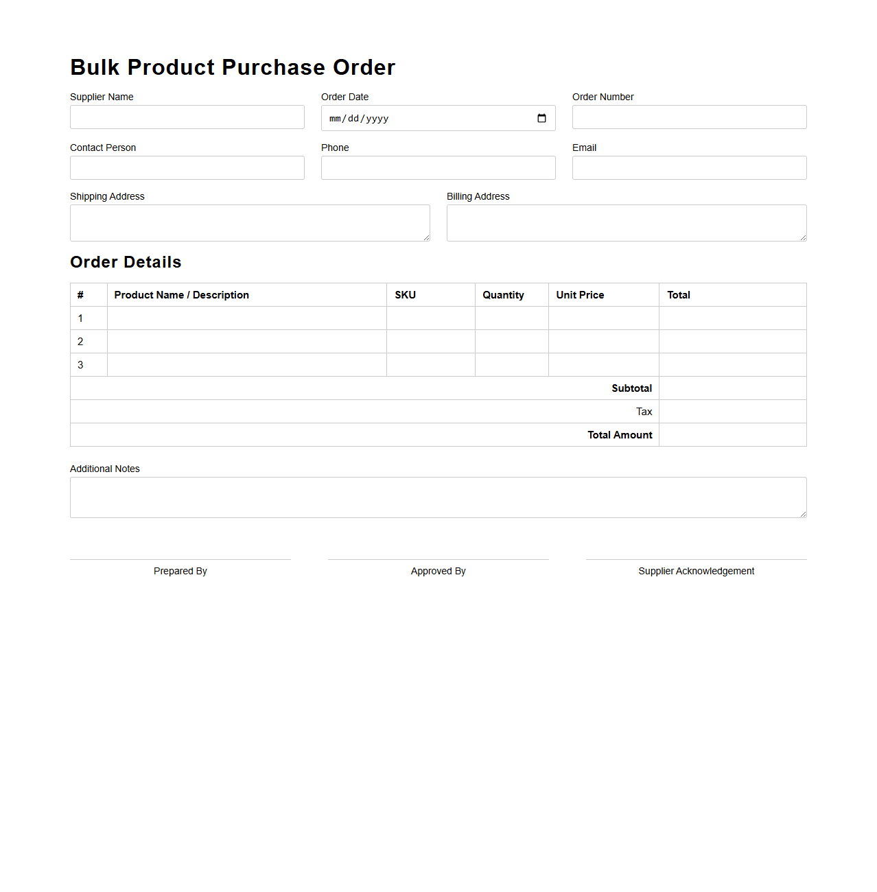 Bulk Product Purchase Order Template