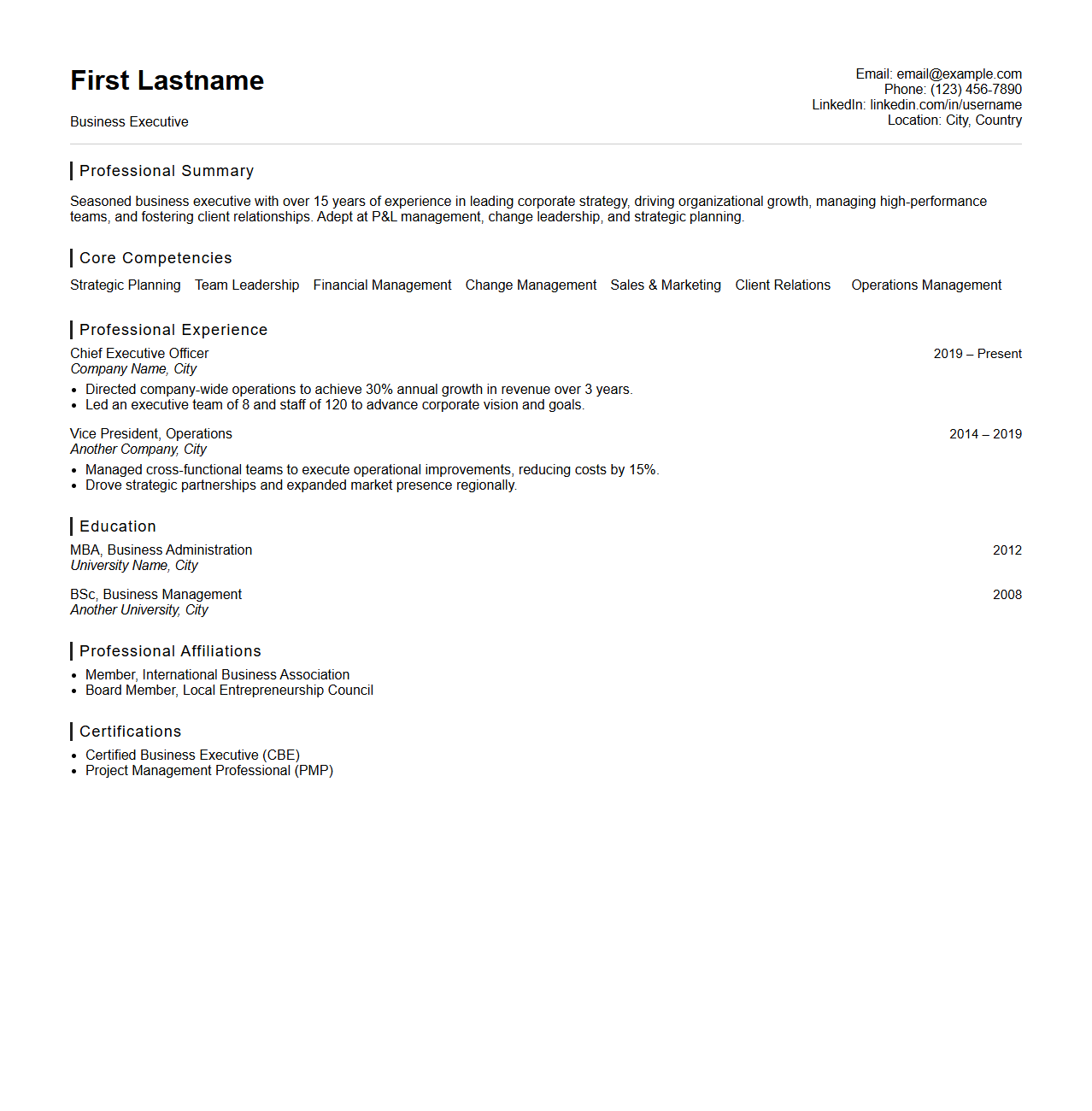 Business Executive CV Structure