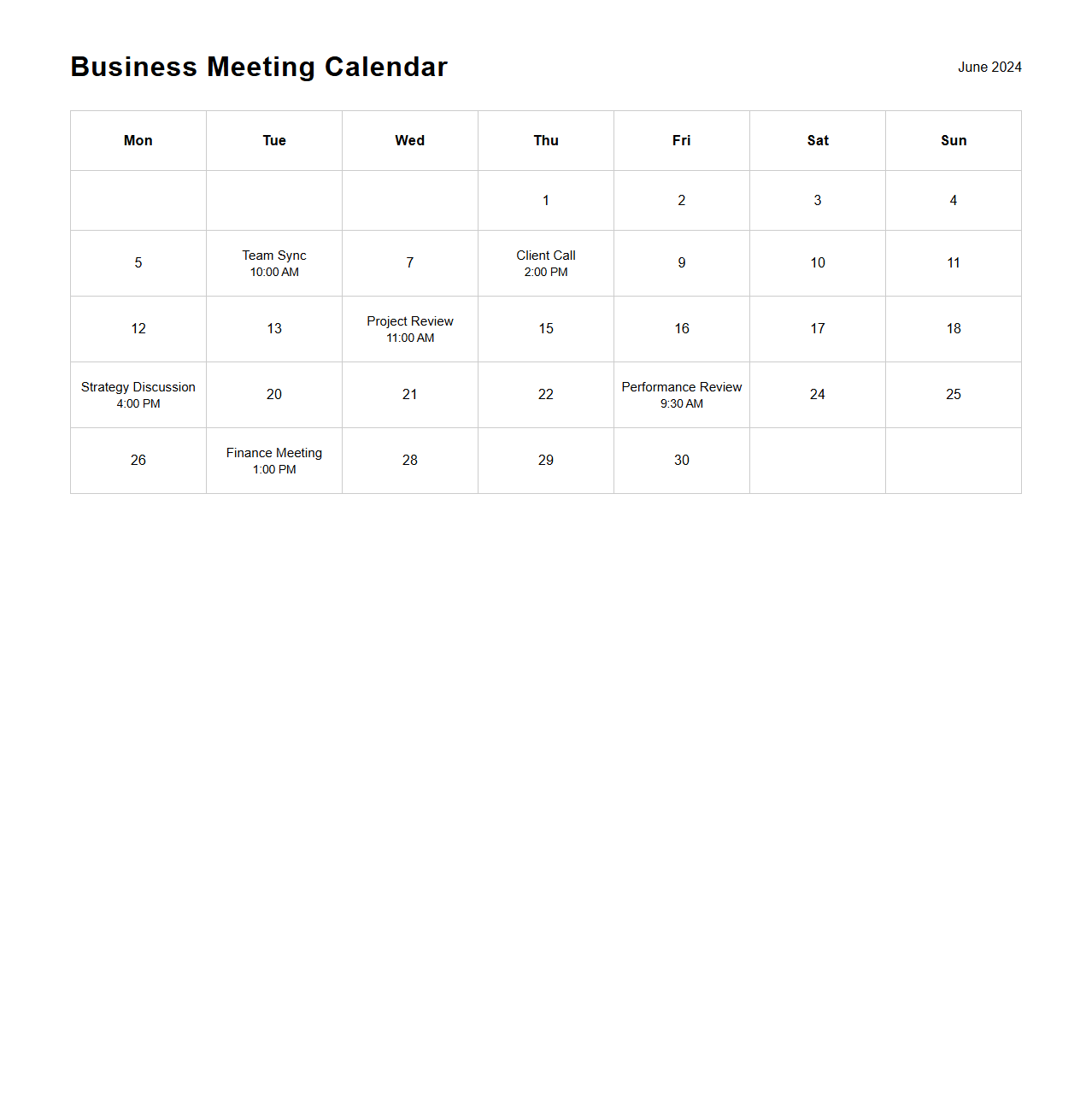 Business Meeting Calendar Layout