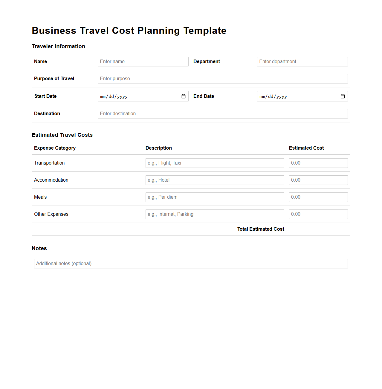 Business Travel Cost Planning Template
