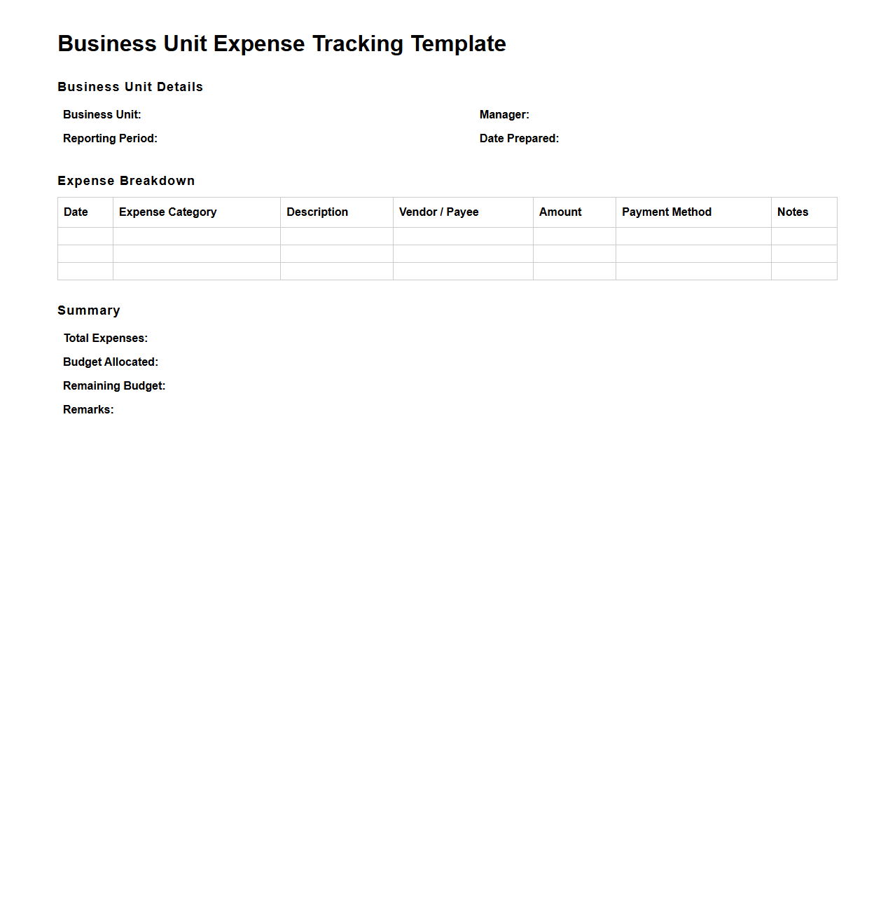 Business Unit Expense Tracking Template