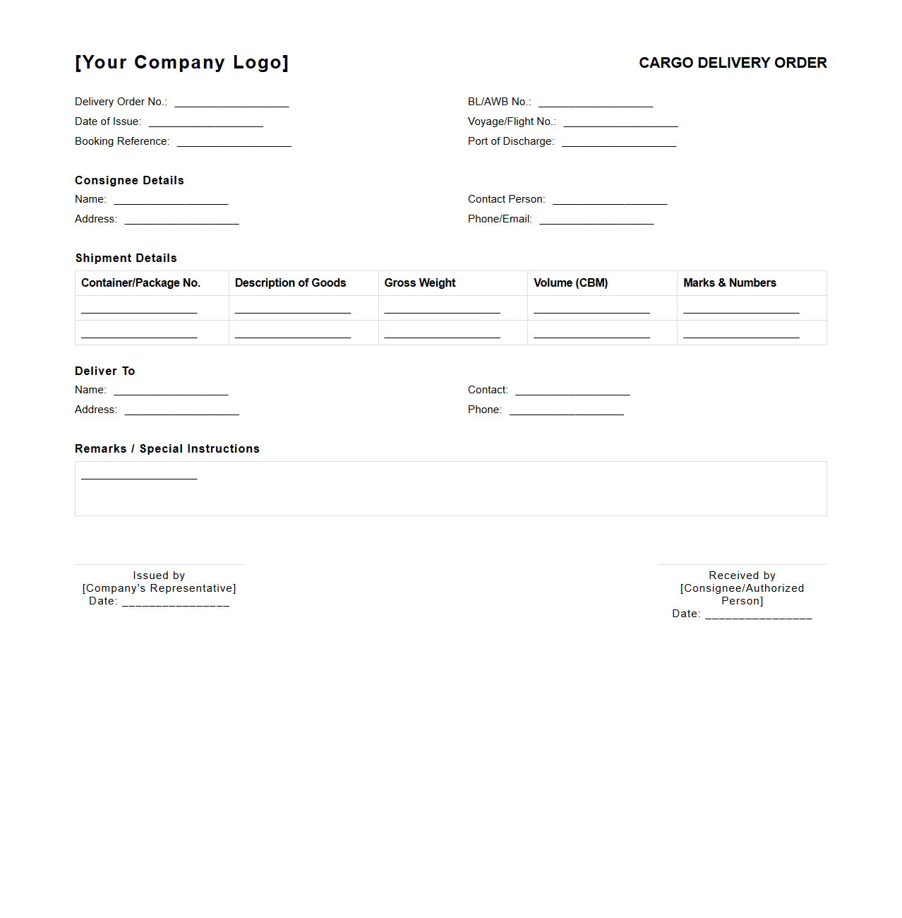 Cargo Delivery Order Document for Shipments