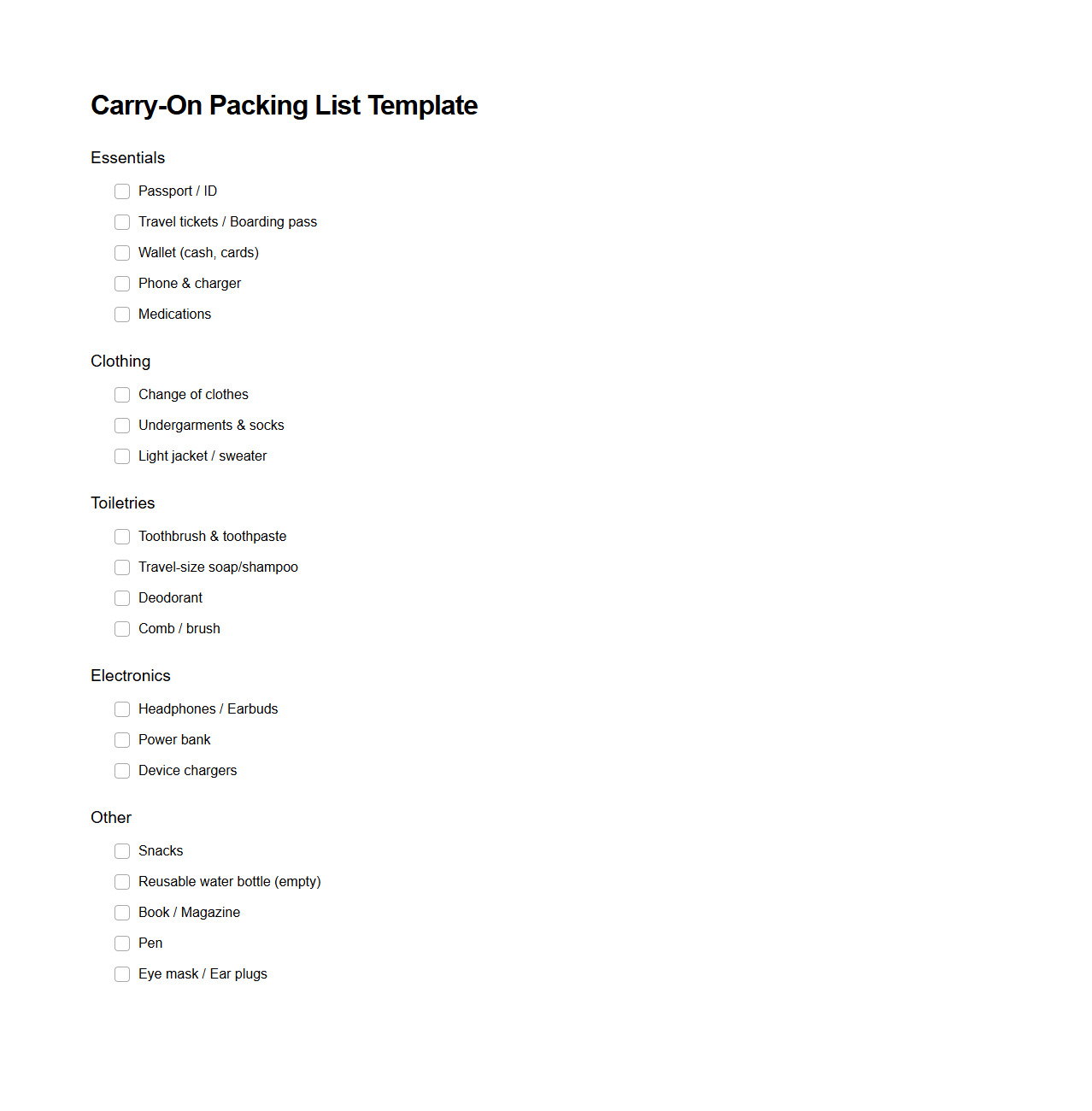 Carry-On Packing List Template