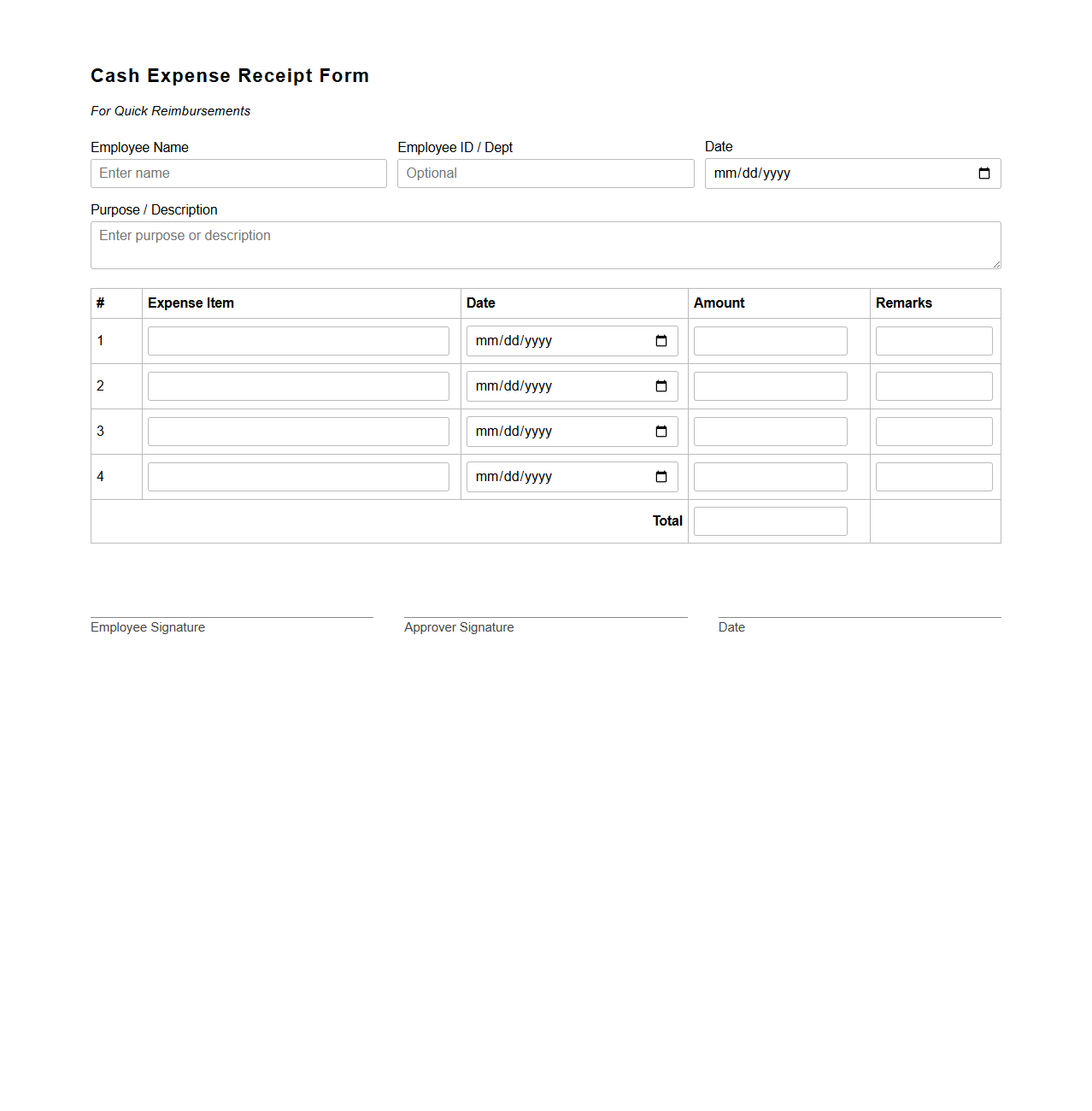 Cash Expense Receipt Form for Quick Reimbursements