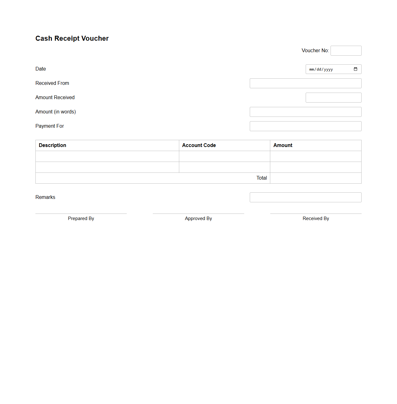 Cash Receipt Voucher for Office Use
