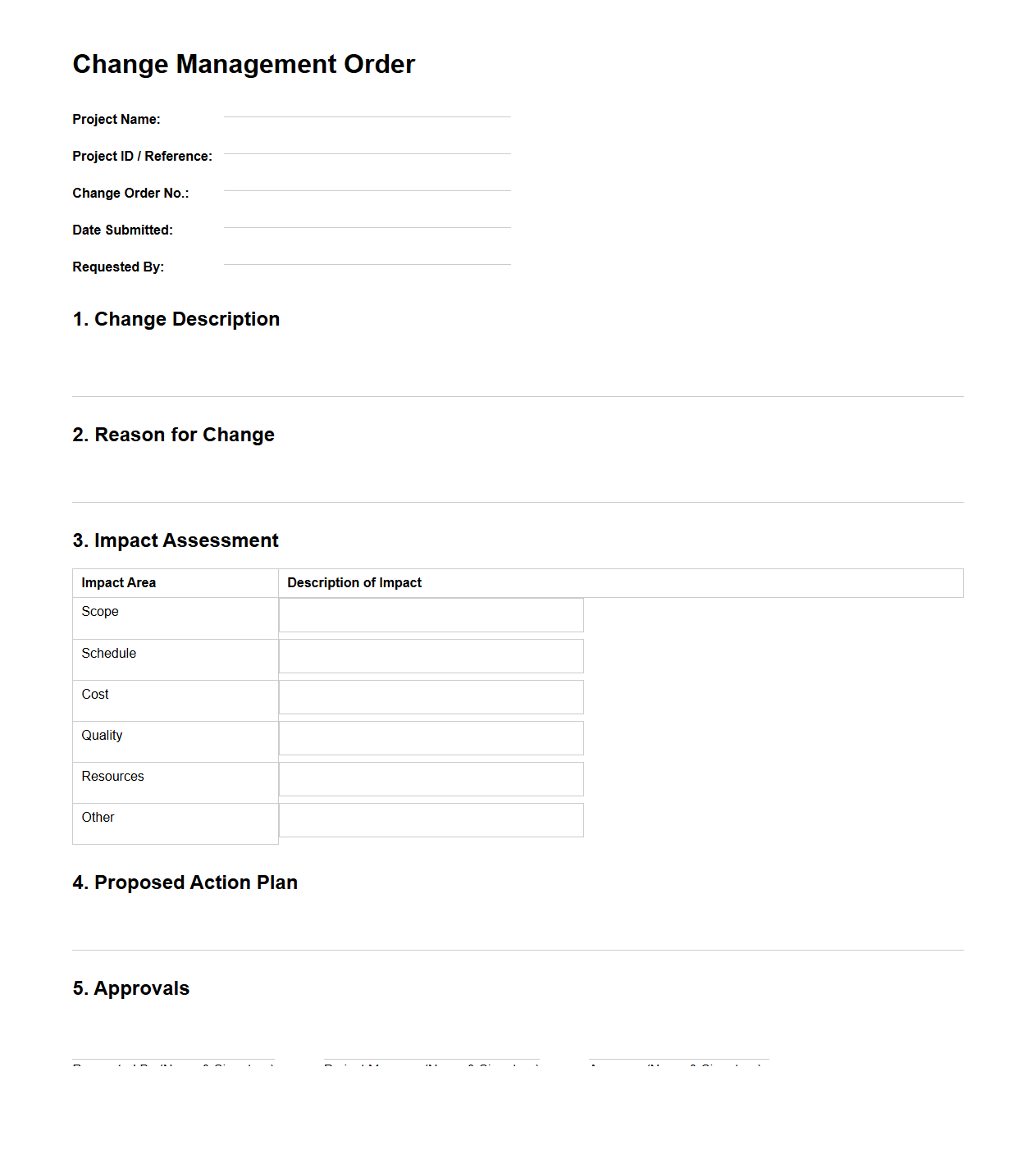 Change Management Order Template for Projects