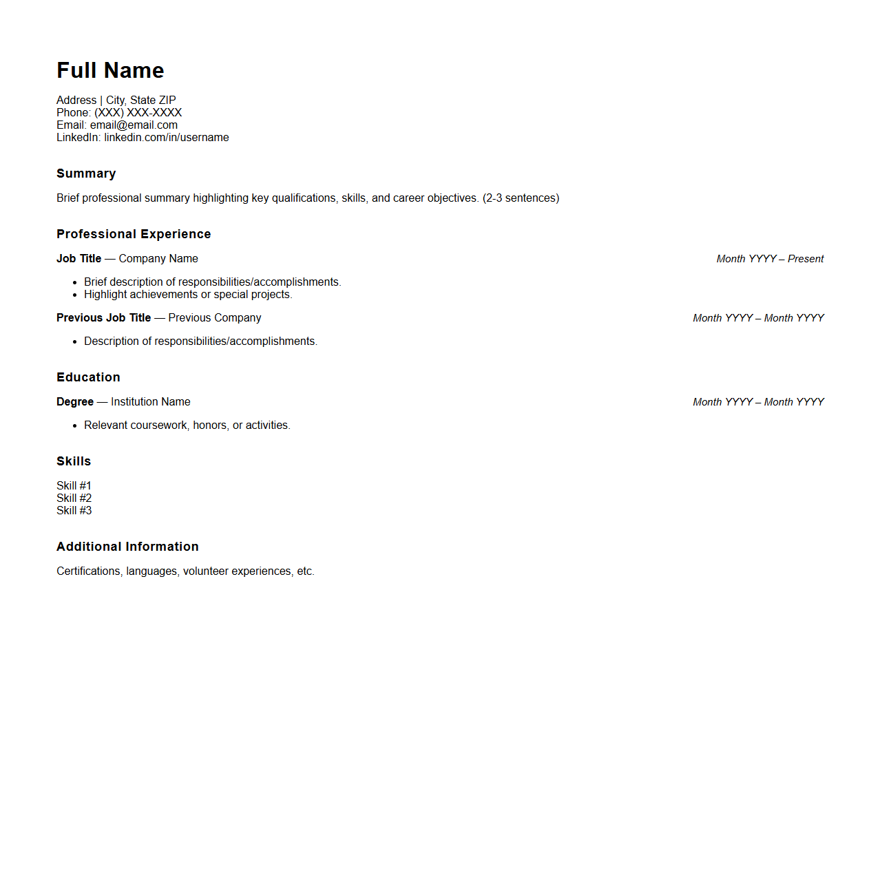 Chronological Resume Outline for Job Applications