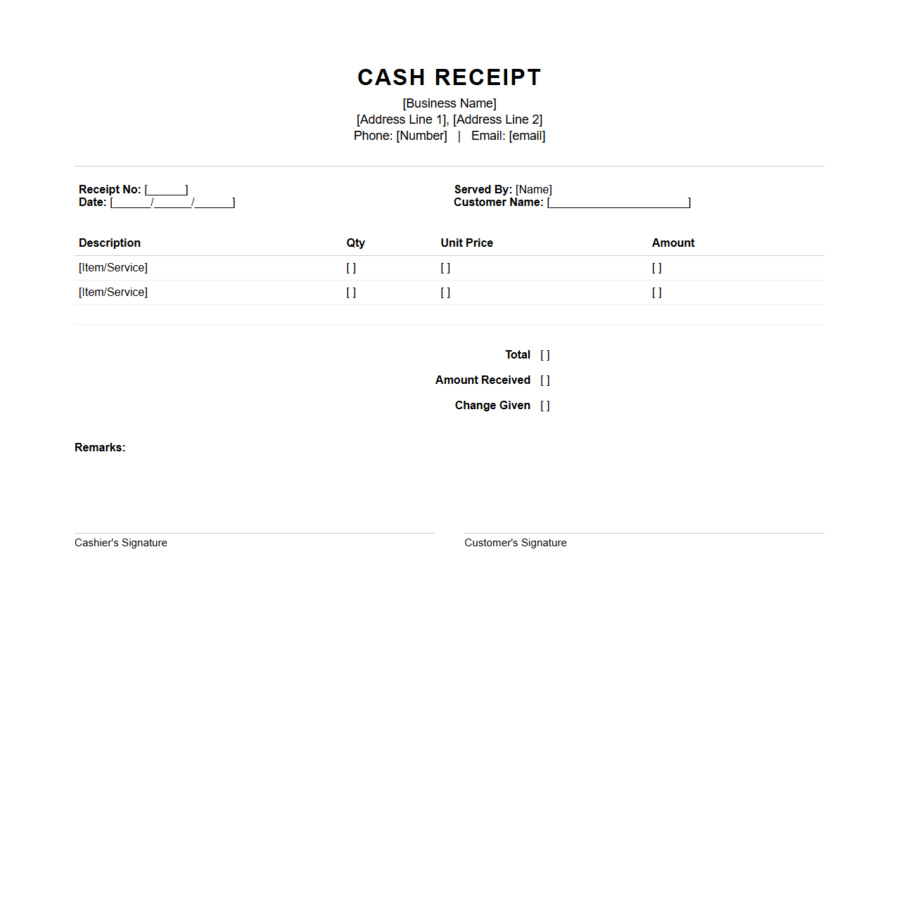 Classic Cash Receipt Layout for Over-the-Counter Exchanges