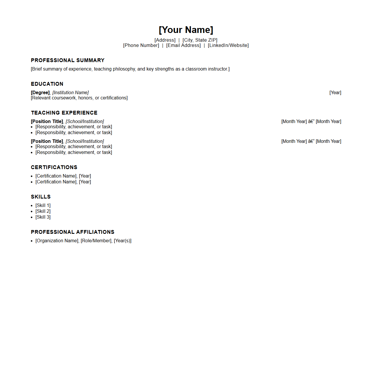 Classroom Instructor Resume Format