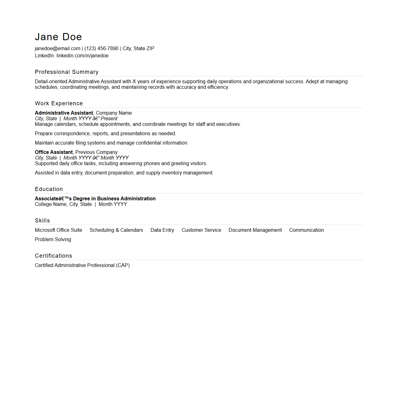 Clean Administrative Assistant Resume Format
