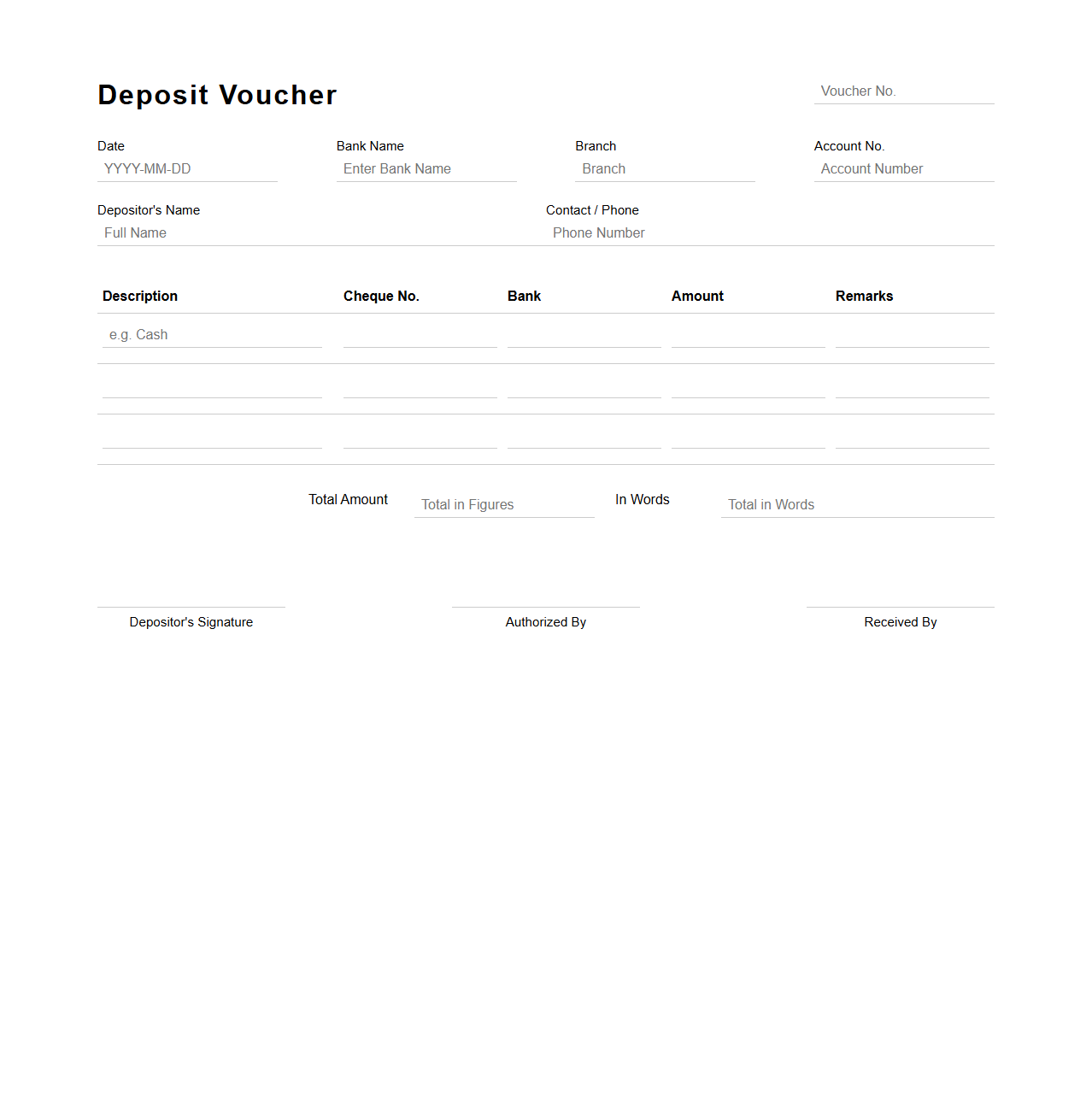 Clean Bank Deposit Voucher Template