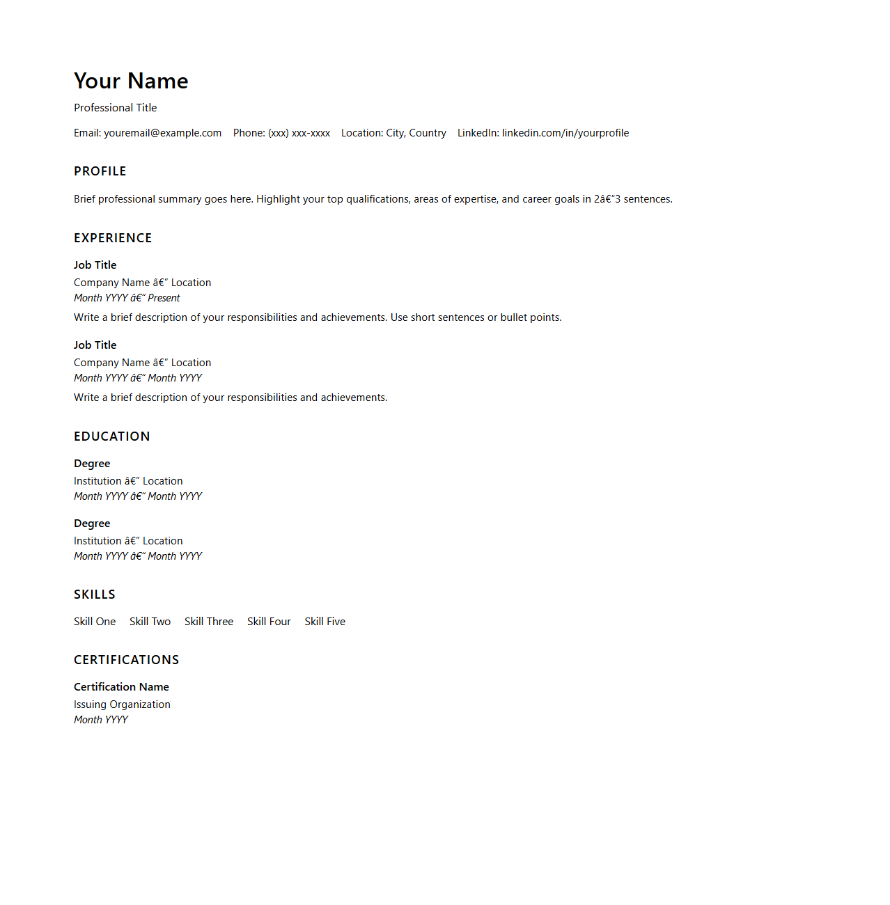 Clean Blank CV Template for Professional Profiles