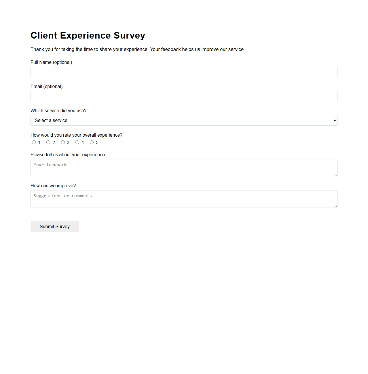 Client Experience Survey Form Sample