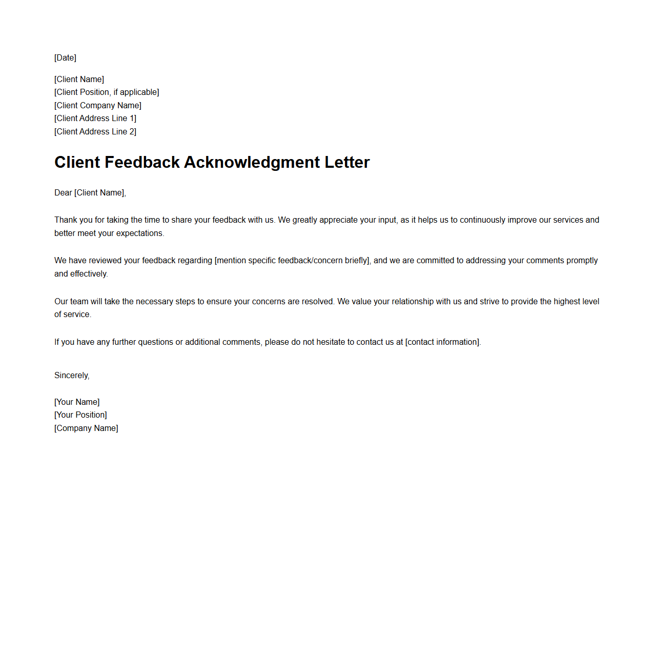 Client Feedback Acknowledgment Letter Structure