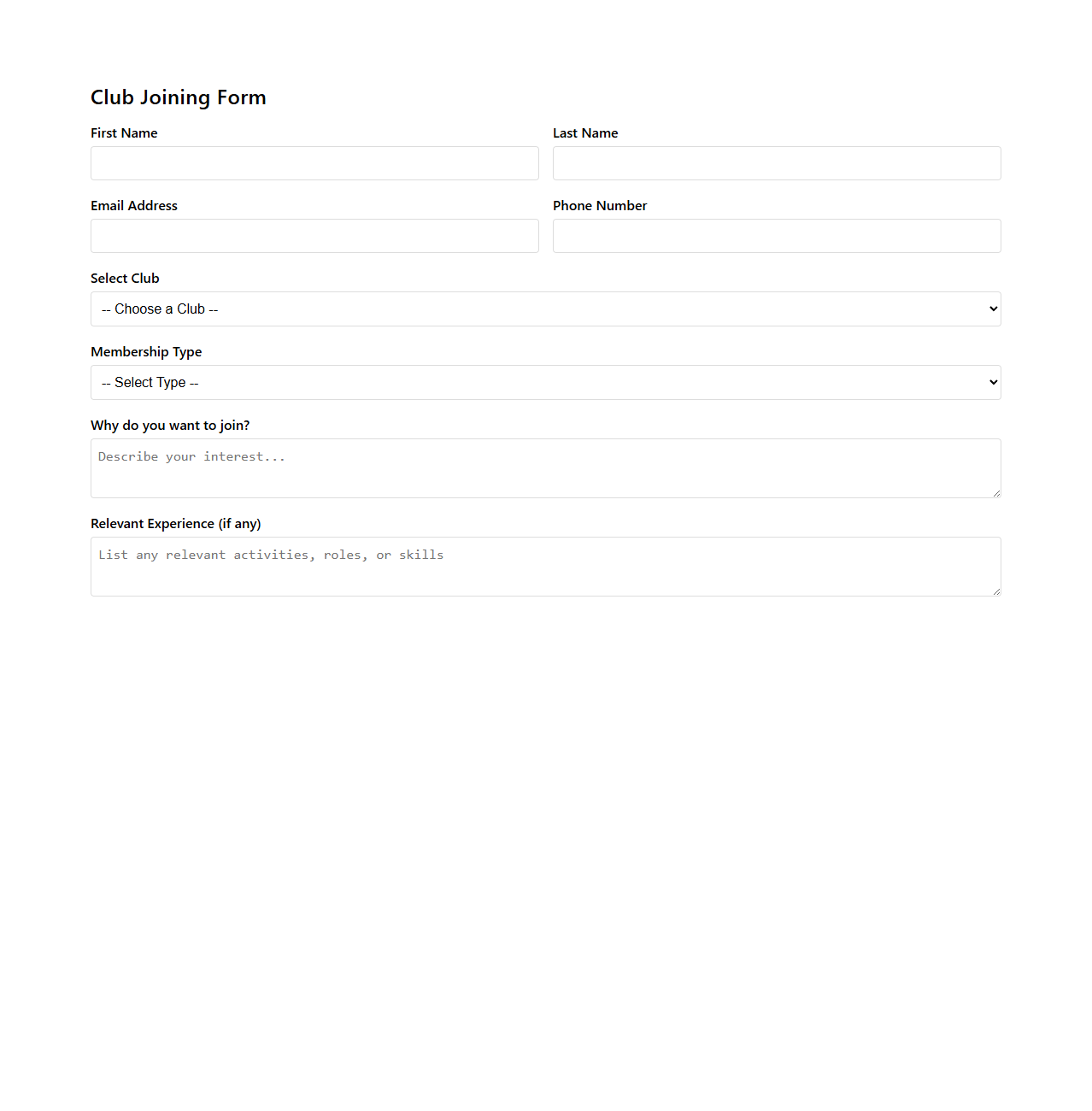 Club Joining Form Template for Organizations