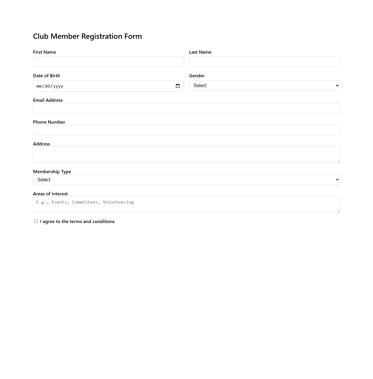 Club Member Registration Form Template