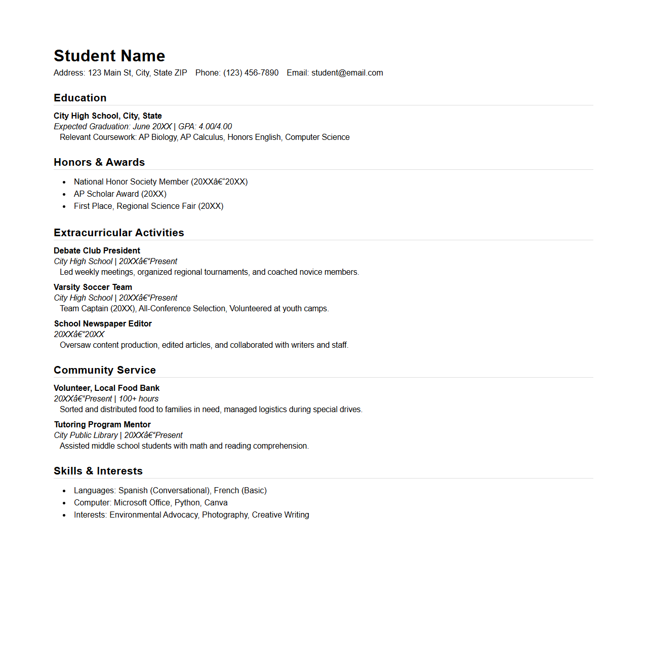 College Admission-Focused High School Resume Template
