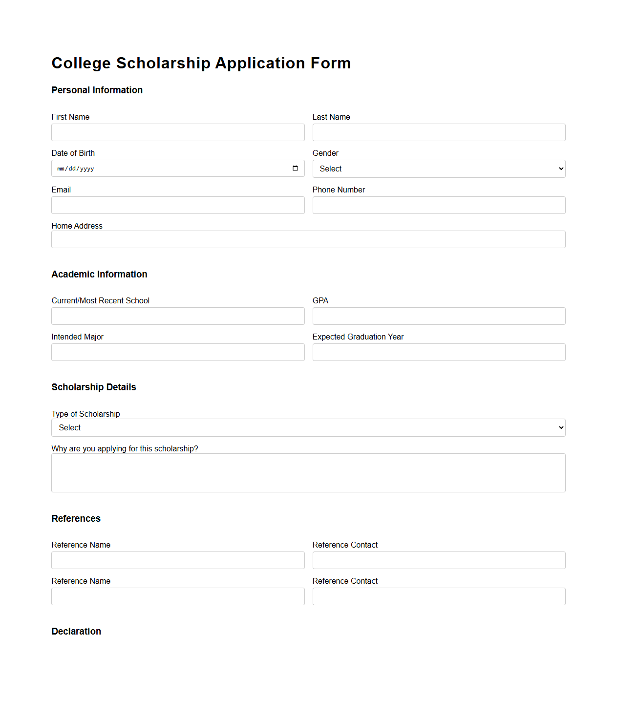College Scholarship Application Form Layout