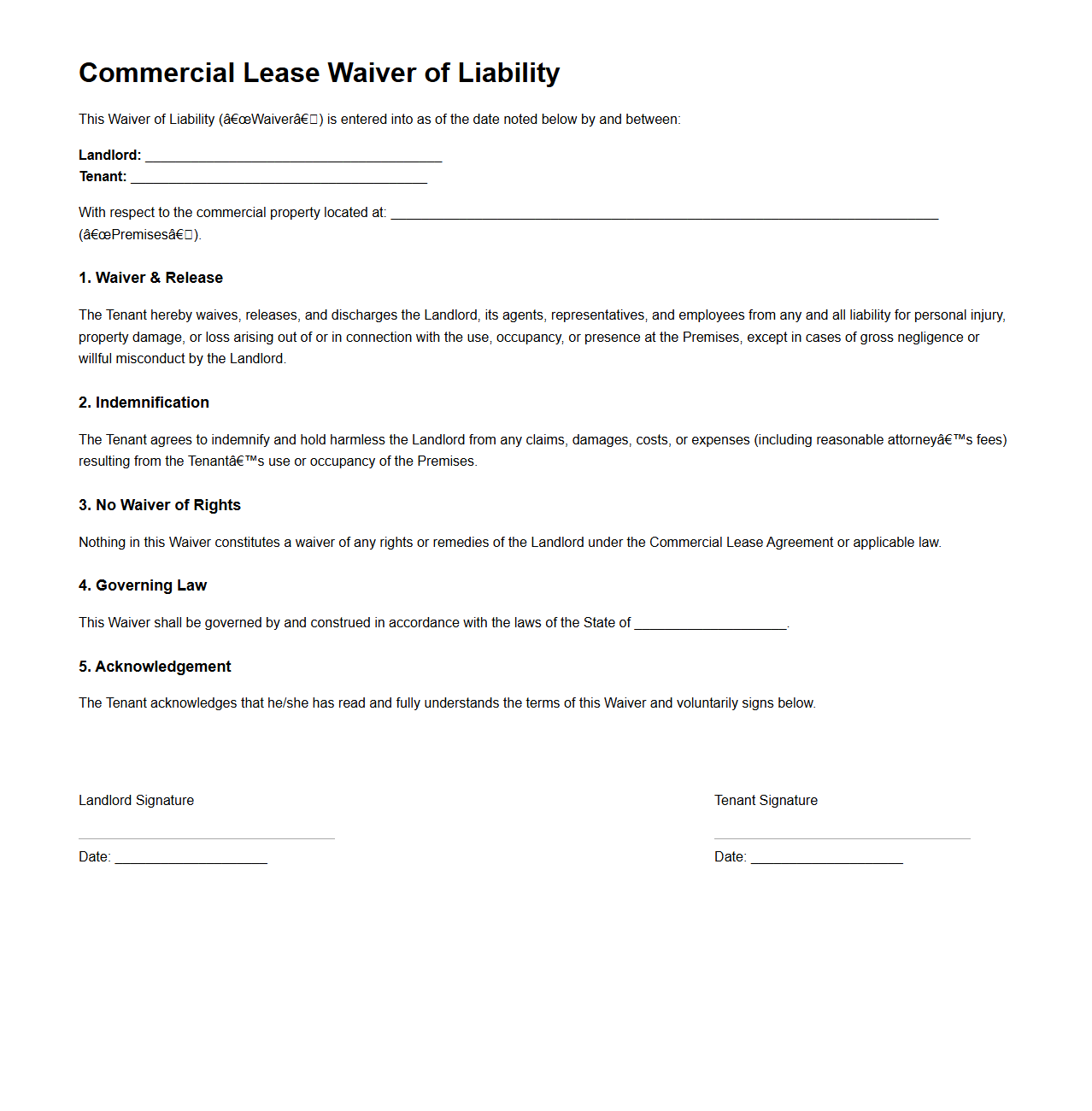 Commercial Lease Waiver of Liability Template