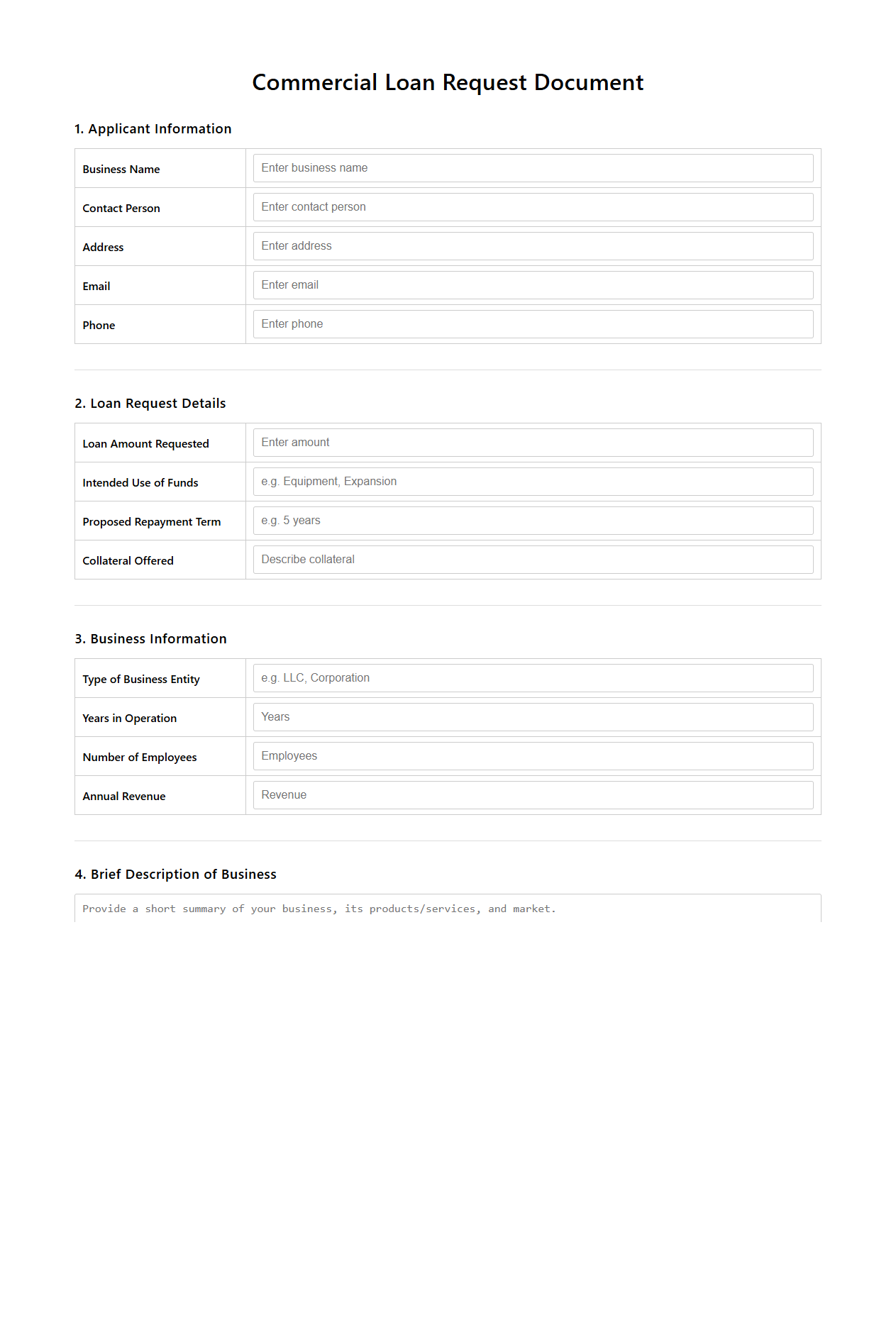 Commercial Loan Request Document