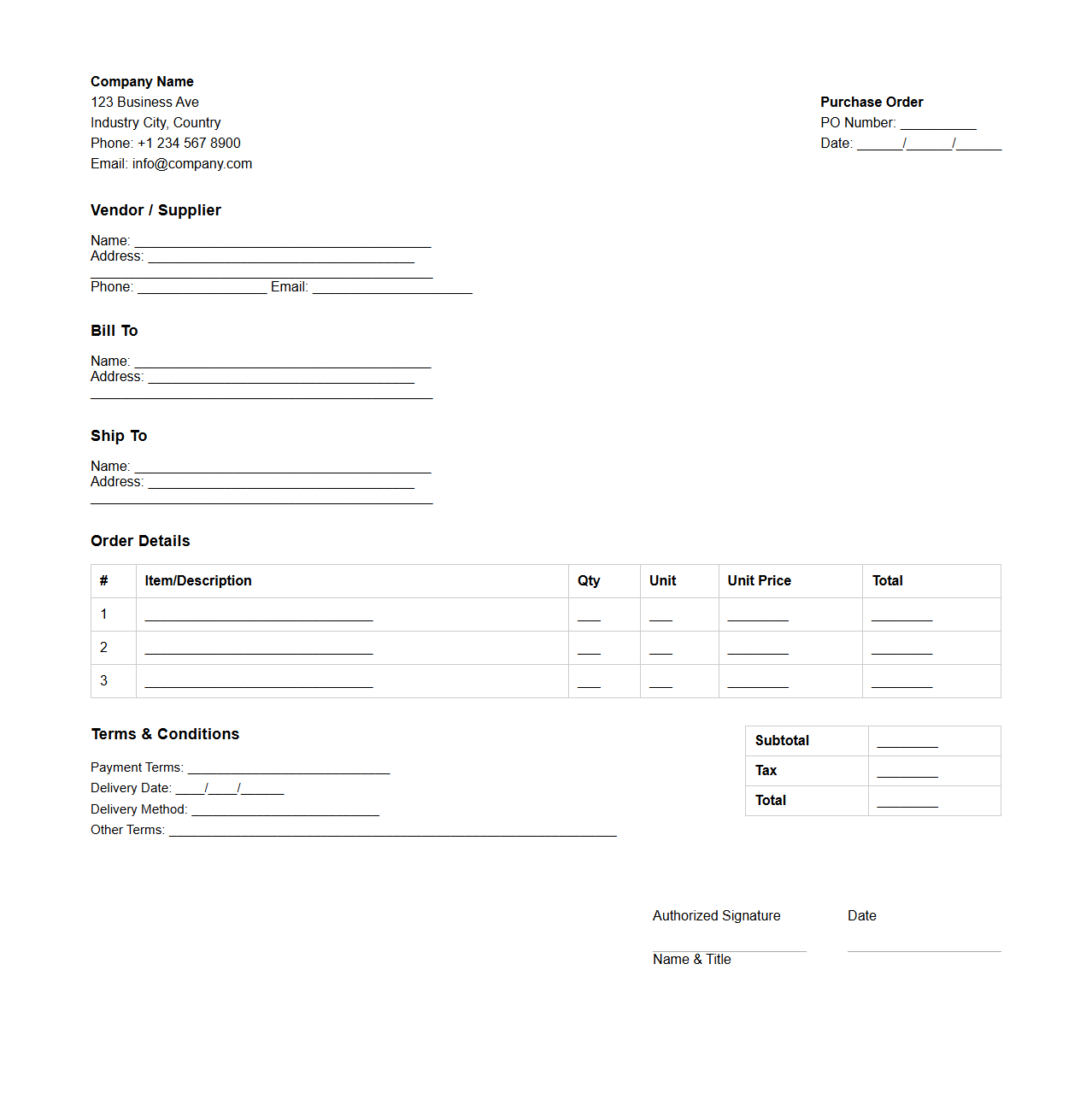 Commercial Purchase Order Layout for Orders