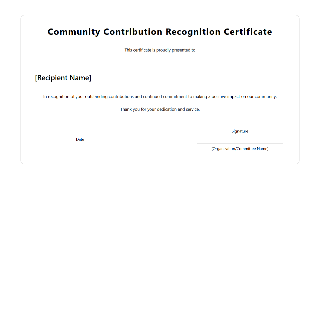 Community Contribution Recognition Certificate Template
