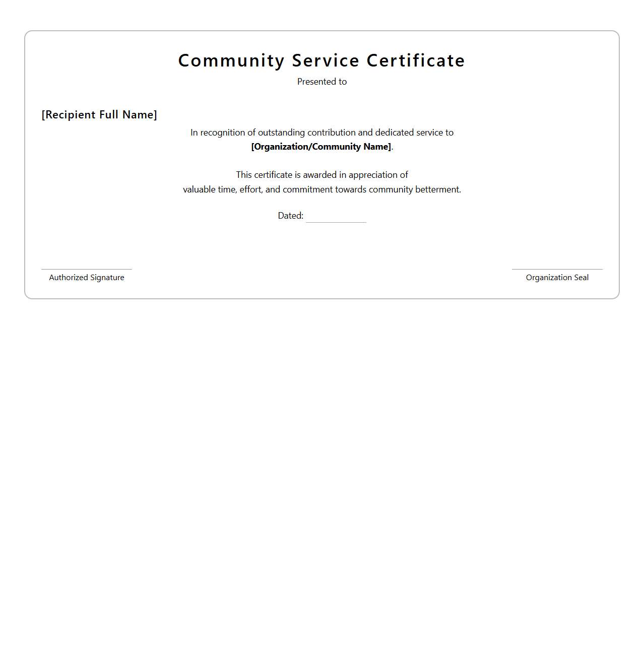 Community Service Certificate Design