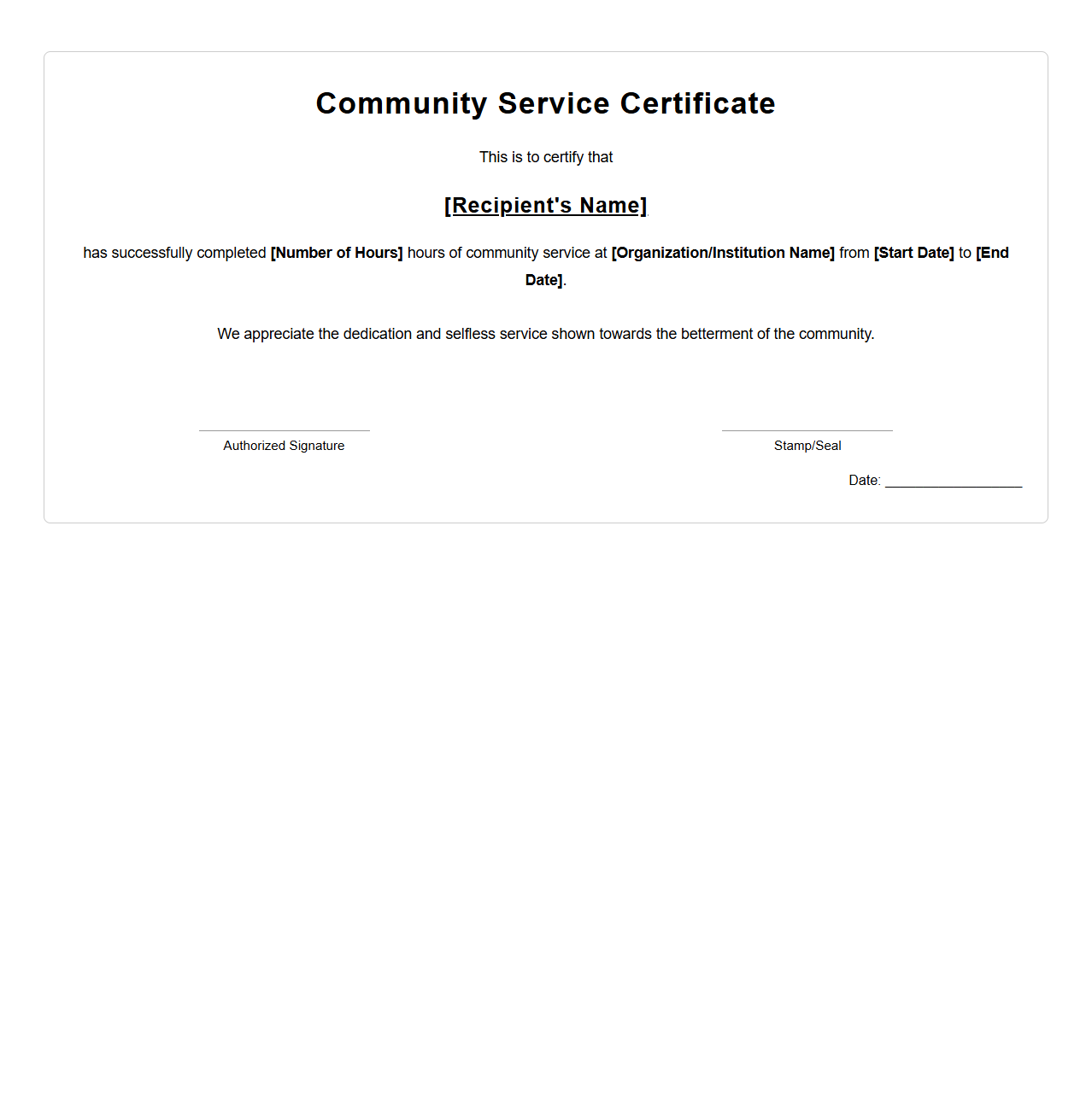 Community Service Certificate Format