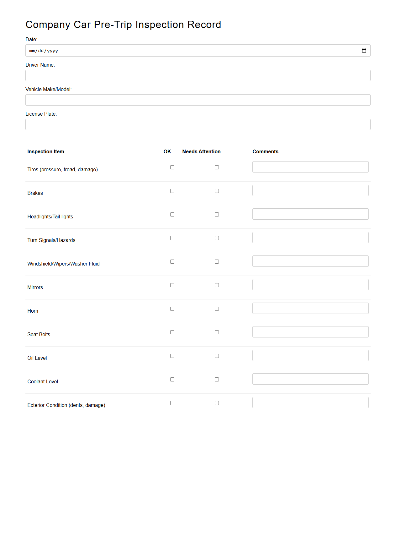 Company Car Pre-Trip Inspection Record