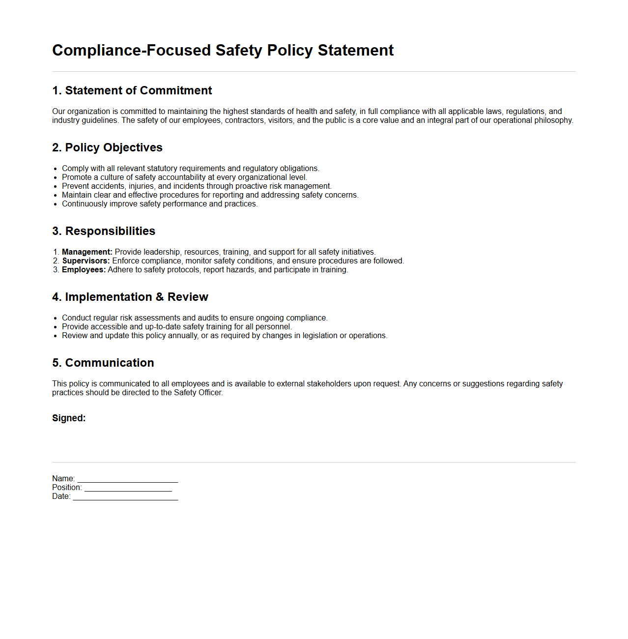 Compliance-Focused Safety Policy Statement Framework