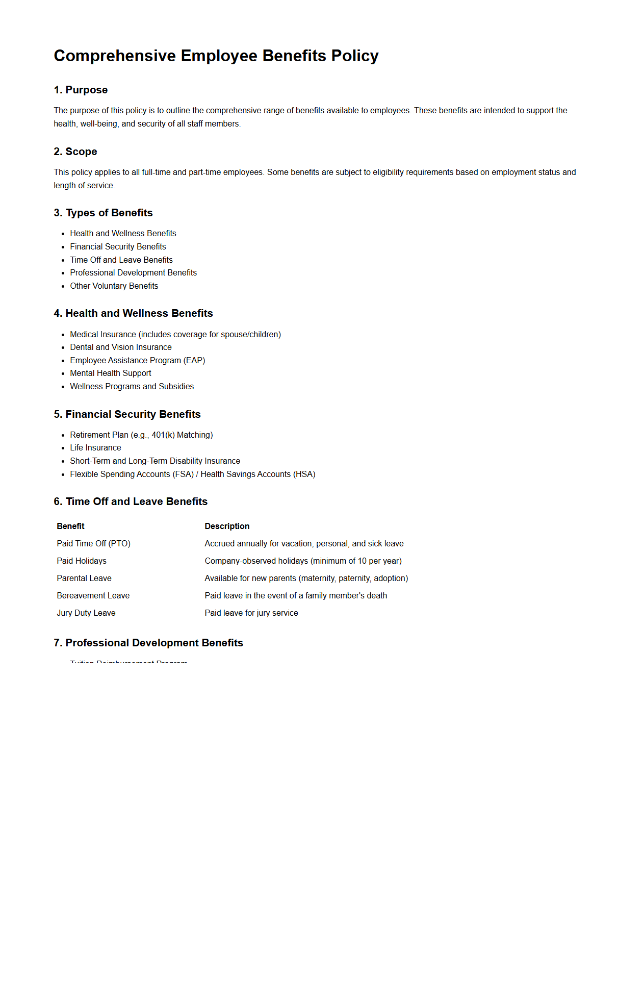 Comprehensive Employee Benefits Policy Example