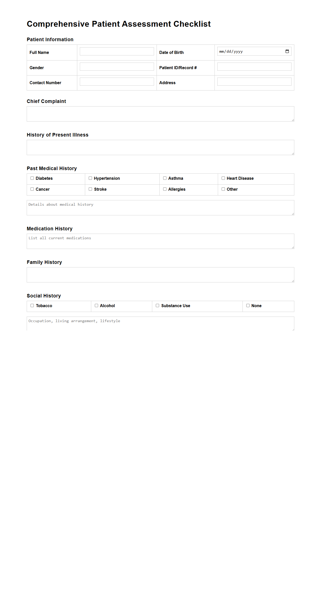 Comprehensive Patient Assessment Checklist Template