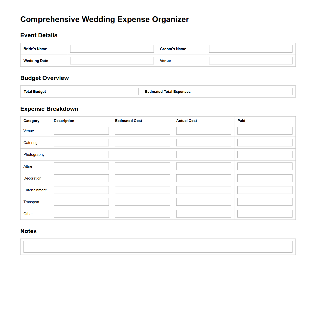 Comprehensive Wedding Expense Organizer