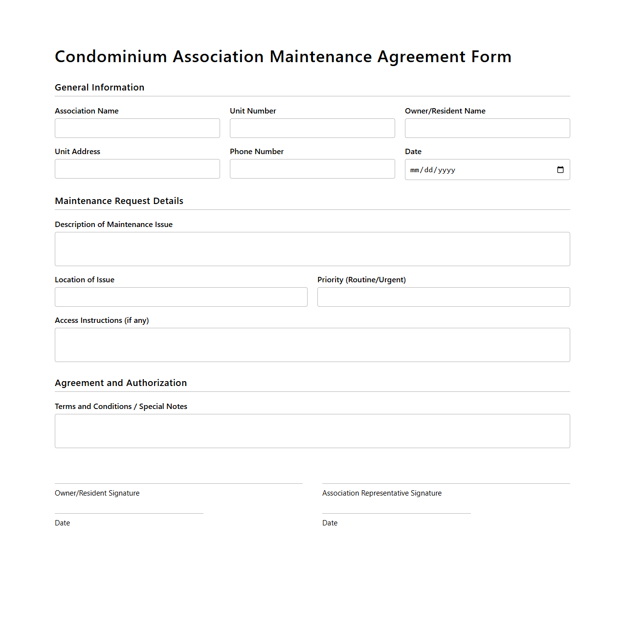 Condominium Association Maintenance Agreement Form
