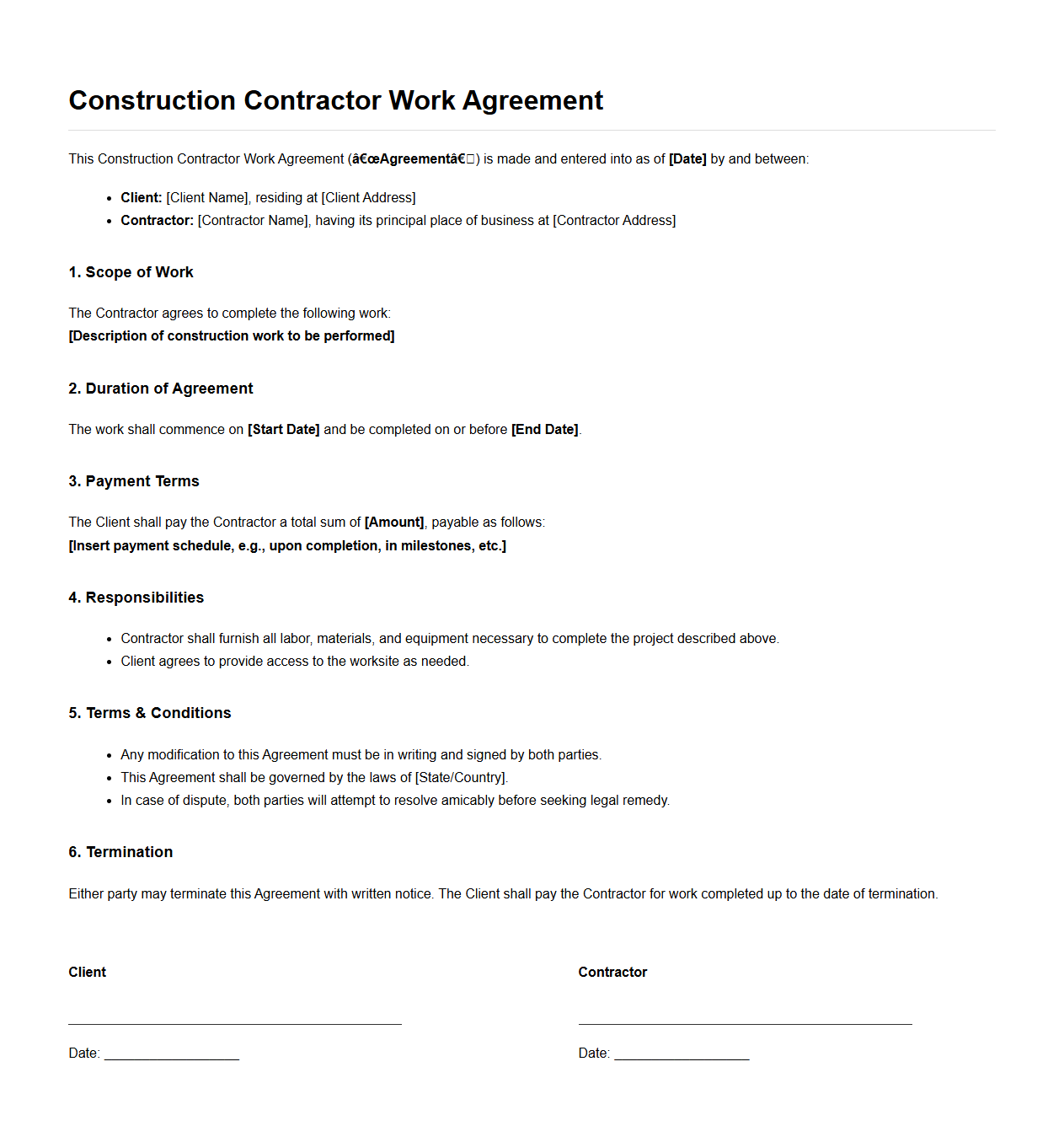 Construction Contractor Work Agreement Format