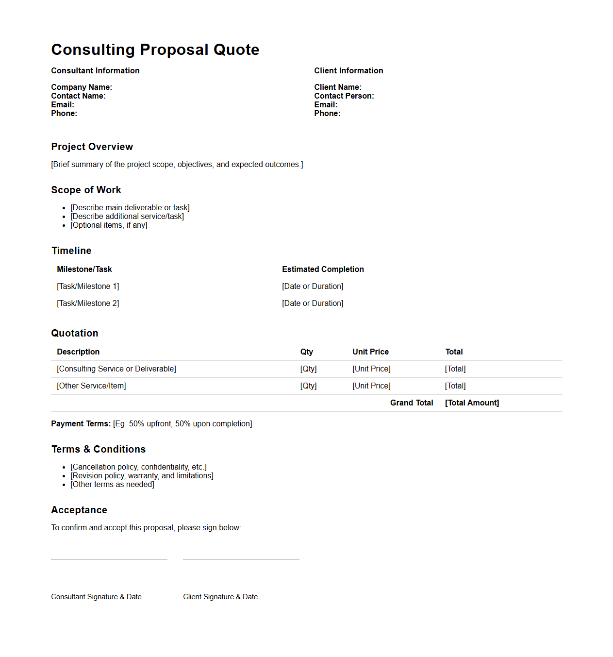 Consulting Proposal Quote Template for Client Bids