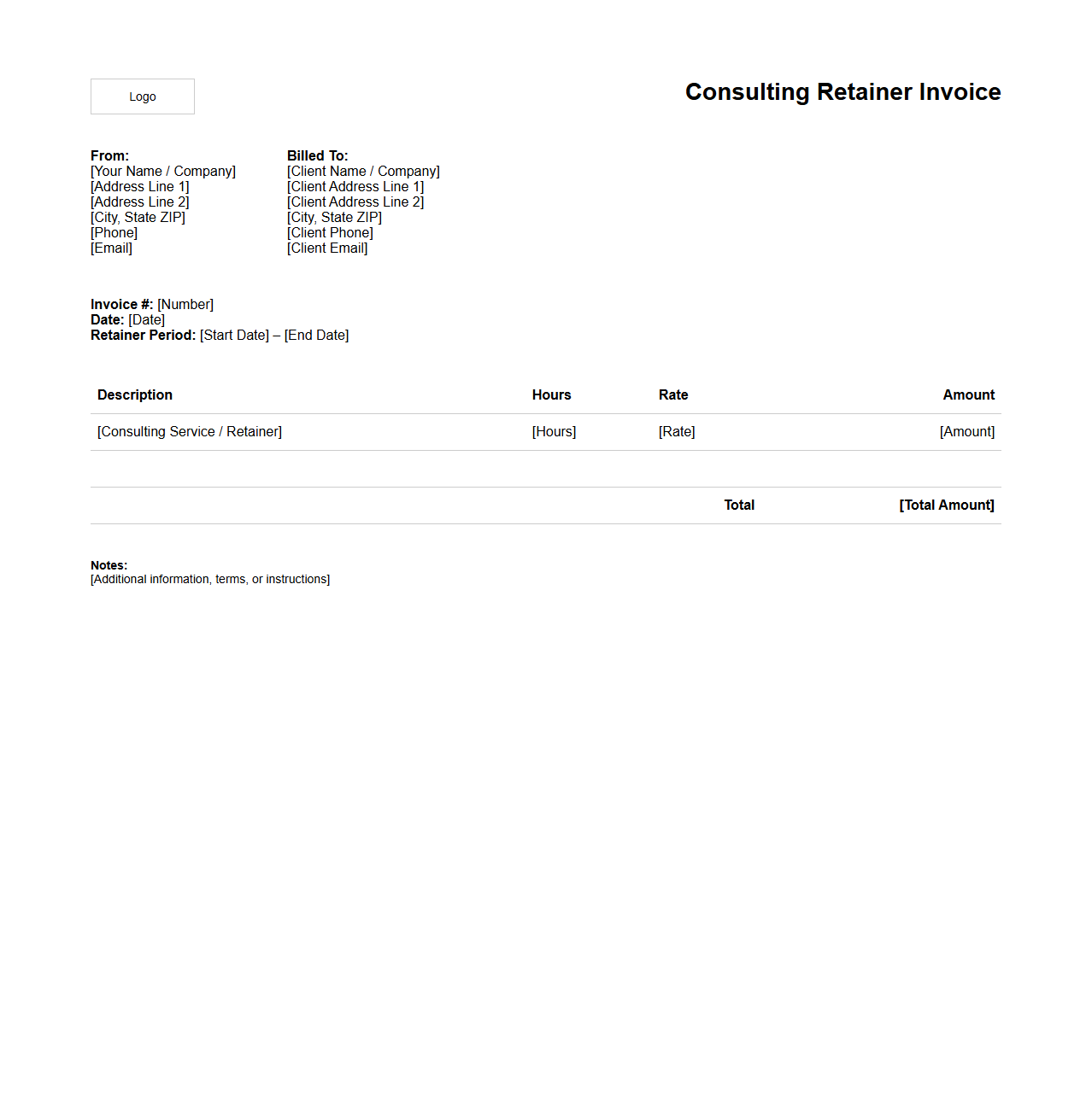 Consulting Retainer Invoice Blank Layout