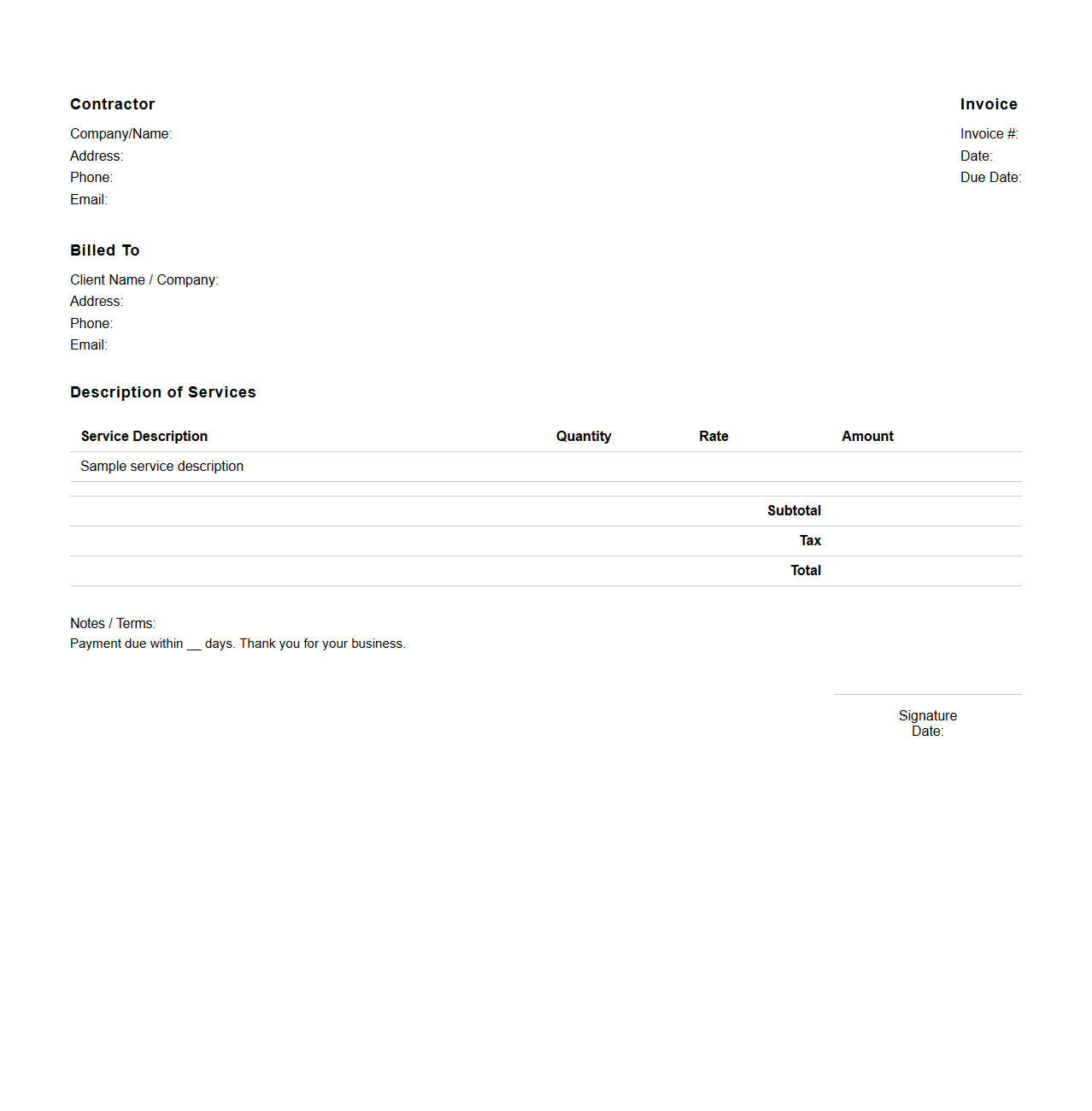 Contractor Service Invoice Format